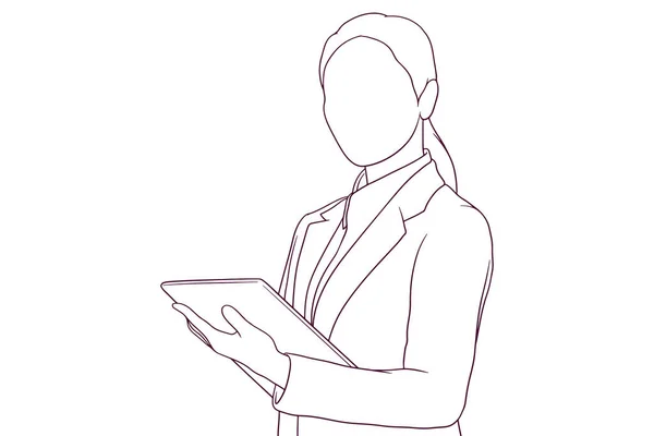 Bizneswoman Pomocą Tabletu Cyfrowego Miejscu Pracy Ręcznie Rysowane Wektor Ilustracji — Wektor stockowy