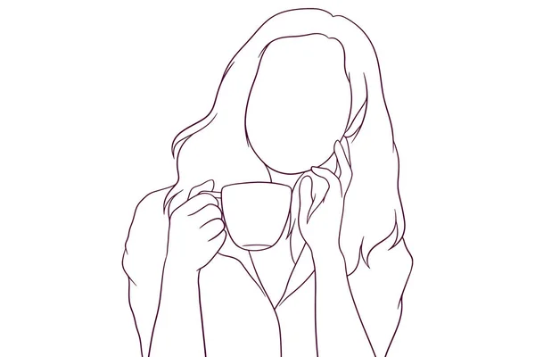 若いです女性楽しんでお茶の手描きベクトルイラストのカップ — ストックベクタ