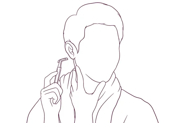 Jeune Homme Rasage Avec Lame Rasoir Illustration Vectorielle Dessinée Main — Image vectorielle
