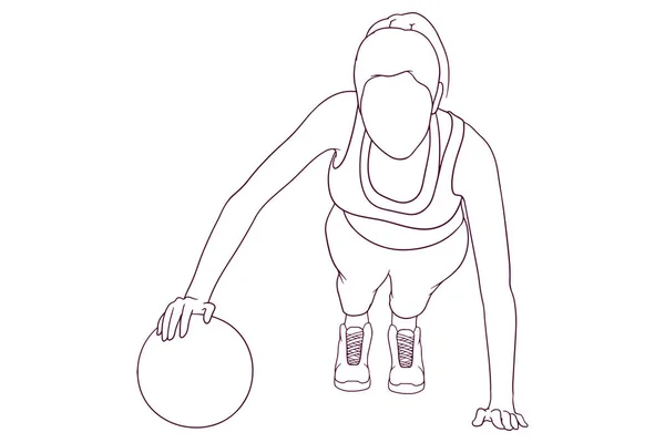 Vrouw Doen Push Ups Met Bal Hand Getekend Vector Illustratie — Stockvector