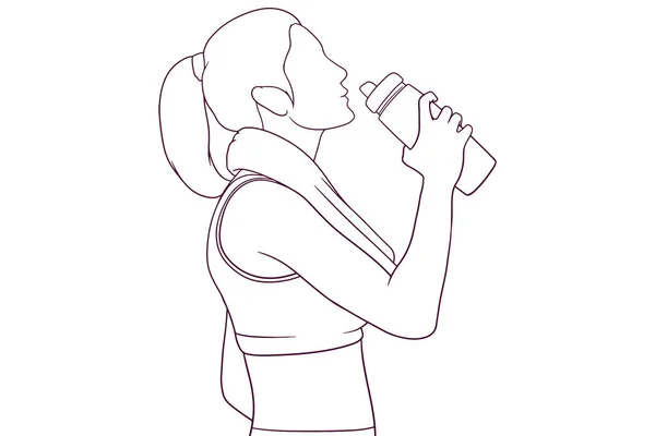 Fitness Kvinna Som Håller Drink Hand Dras Vektor Illustration — Stock vektor