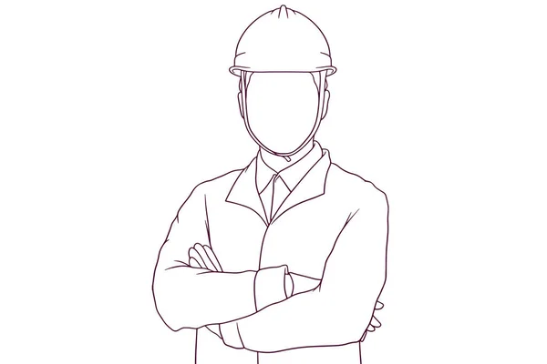 Smiling Engineer Standing Hard Hat Hand Drawn Vector Illustration — Stock Vector