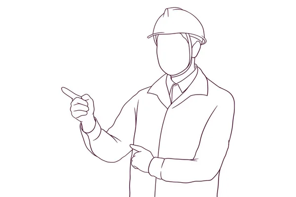 Mężczyzna Inżynier Wskazując Palec Przodu Strony Rysowane Wektor Ilustracja — Wektor stockowy