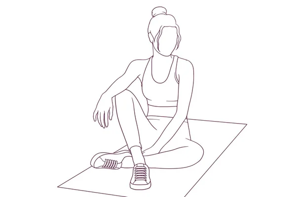 年轻女子在健身后在垫子上休息时 按常规手绘病媒图解 — 图库矢量图片