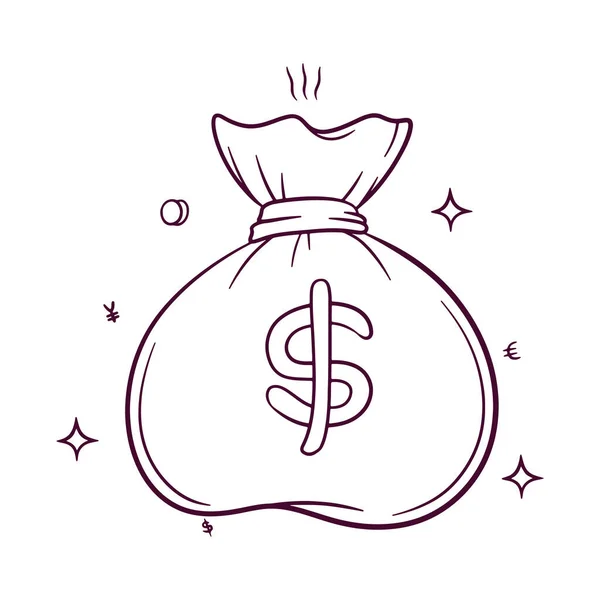 Sac Argent Dollars Illustration Vectorielle Dessinée Main — Image vectorielle