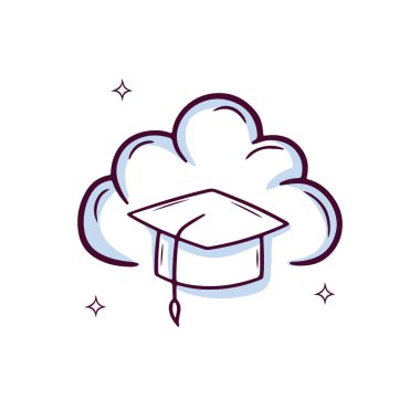 Mezuniyet şapkalı El Çizimi Bulut simgesi. Doodle Çizim Vektörü İllüstrasyonu