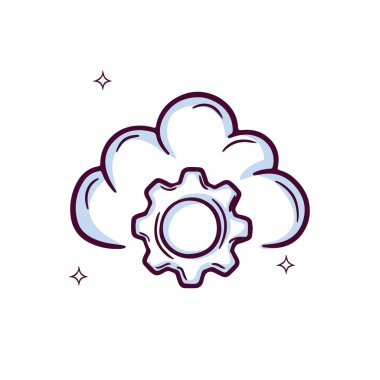 Elle çizilmiş Cloud Icon with Gear. Doodle Çizim Vektörü İllüstrasyonu