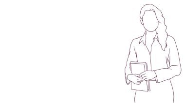 Kendine güvenen şirket hanımefendisi elinde bir not tutuyor, el çizimi stil illüstrasyonu