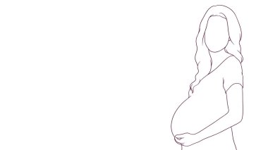 Hamile anne nazikçe karnını okşuyor, el çizimi stil çizimi çizimi.