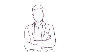 Çapraz kollu kendine güvenen iş adamı, el çizimi tarzı vektör çizimi