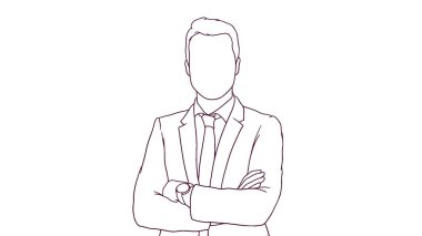 Çapraz kollu kendine güvenen iş adamı, el çizimi tarzı vektör çizimi