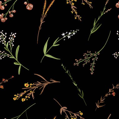 Çiçeklerin dikişsiz deseni. Moda alan renkli vektör dokusu. Gelişigüzel dağılmış botanik motifleri. Ditsy parmak izi. El çizimi sanatsal. Siyah arka planda farklı yabani çayır çiçekleri.