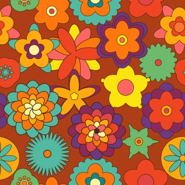 Seamless Pattern in Retro 1970 Peace Style. Floral Seventies Background. Groovy Flowers. Hand Drawn Vector Illustration. Trendy Texture Designed for fabric, textile, printing. Vector illustration
