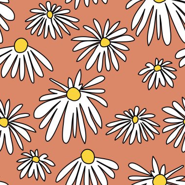 Blossom Seamless Pattern with Daisy. Retro 1970 Peace Style. Floral Seventies Background. Color vector texture for fashion, fabric, wallpaper, print. Hand drawn abstract flowers. Vector illustration