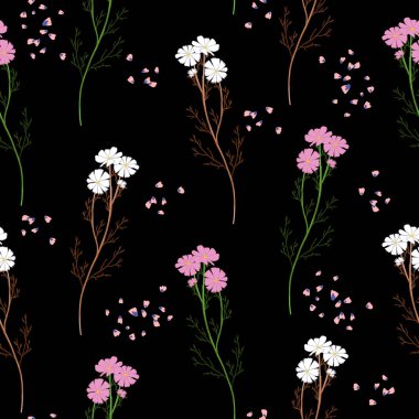 Floral chamomile blossom seamless pattern. Field daisy vector texture. Blooming botanical motifs scattered random. Ditsy print. Hand drawn artistic different wild meadow flowers on black background