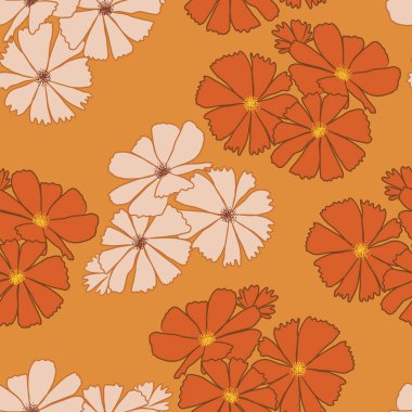 Seamless Pattern in Retro 1970 Peace Style. Floral Seventies Background. Groovy Flowers. Hand Drawn Vector Illustration. Trendy Texture Designed for fabric, textile, printing. Vector illustration
