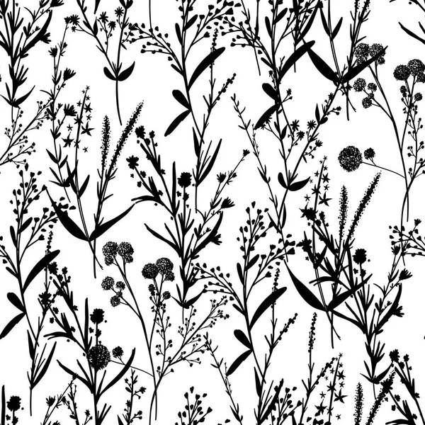 Silhouettes herbarium monochrome floral seamless pattern. Hand drawn unique wild branches, leaves, flowers scattered random. Botanical vector wallpaper illustration on white. Vector illustration