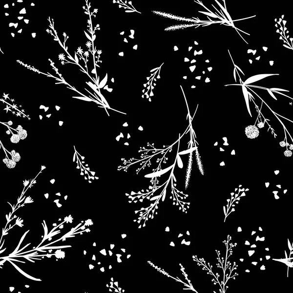 Sylwetki Herbarium Monochromatyczne Kwiatowy Bezszwowy Wzór Ręcznie Rysowane Unikalne Dzikie — Wektor stockowy