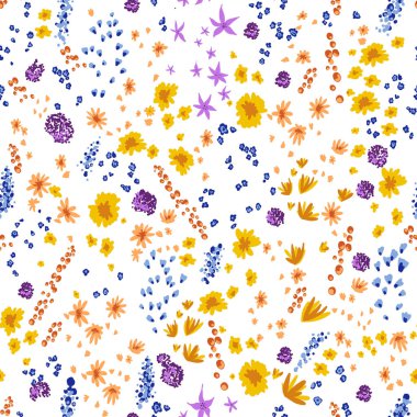 Çiçeklerin dikişsiz deseni. Moda alan küçük çiçek vektör dokusu. Beyaz arka planda farklı yabani çayır çiçekleri çiziyor. Vektör illüstrasyonu