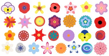 Çiçek Yetmişlik Elementleri Koleksiyonu. 1970 Barış Tarzı 'nda Büyük Set. Harika Çiçekler. El Çekimi Vektör İllüstrasyonu. 70 'ler modası. Kumaş, tekstil ve baskı için tasarlandı. Vektör illüstrasyonu