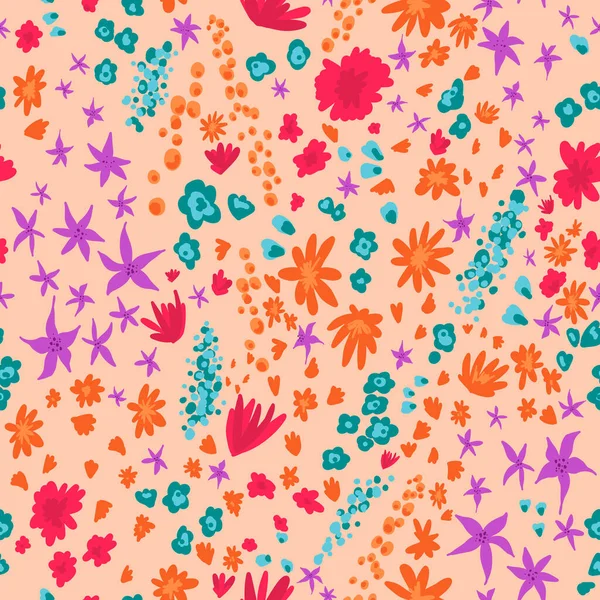 Stock vector Floral blossom seamless pattern. Trendy field small flower vector texture. Blooming botanical motifs scattered random. Ditsy print. Hand drawing flowers on pink background. Vector illustration