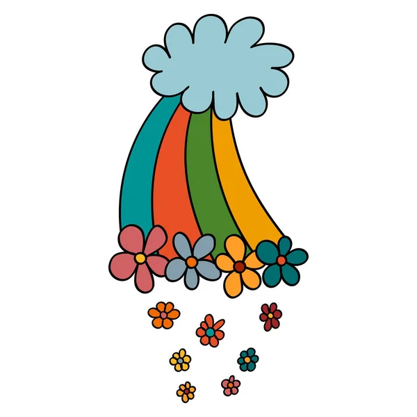 Regnbåge Med Blommor Och Moln Eller Talet Retro Trippy Style — Stock vektor