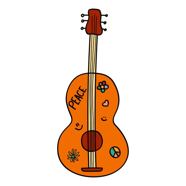 Guitarra Dibujada Mano Estilo Retro Trippy Con Pegatinas Amor Paz — Archivo Imágenes Vectoriales