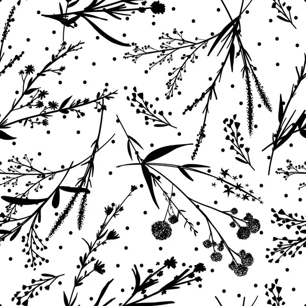 Sylwetki Herbarium Monochromatyczne Kwiatowy Bezszwowy Wzór Ręcznie Rysowane Dzikie Gałęzie — Wektor stockowy