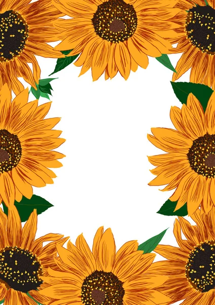 Rámeček Slunečnic Listů Jasné Barevné Umělecké Hranice Květinami Ruční Kreslení — Stockový vektor