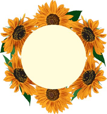 Ayçiçeği ve Yaprak Çerçevesi. Çiçeklerle Parlak Renkli Sanatsal Sınır. El Çizimi Çiçek İllüstrasyonu. Farklı sosyal medya tasarımı için bir unsur. Vektör Resimleri Beyazda İzole Edildi. 