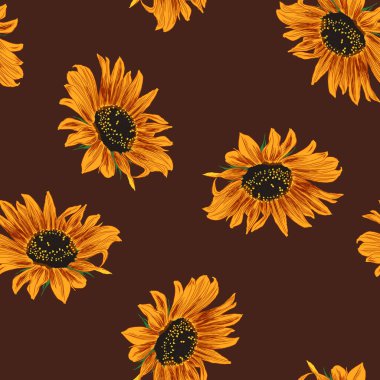 Ayçiçeği desensiz. Yapraklar ve Çiçekler Duvar Kağıdı. Parlak Renkli Resimli Çiçek Çizimi. El Rengi Bitkileri. Vektör İllüstrasyonu