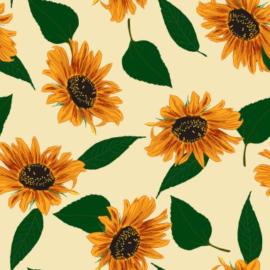 Ayçiçeği desensiz. Yapraklar ve Çiçekler Duvar Kağıdı. Parlak Renkli Resimli Çiçek Çizimi. El Rengi Bitkileri. Vektör İllüstrasyonu