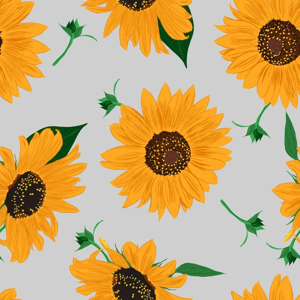 Slunečnicový Bezešvý Vzor Listy Květiny Tapety Jasné Barevné Umělecké Kreslení — Stockový vektor