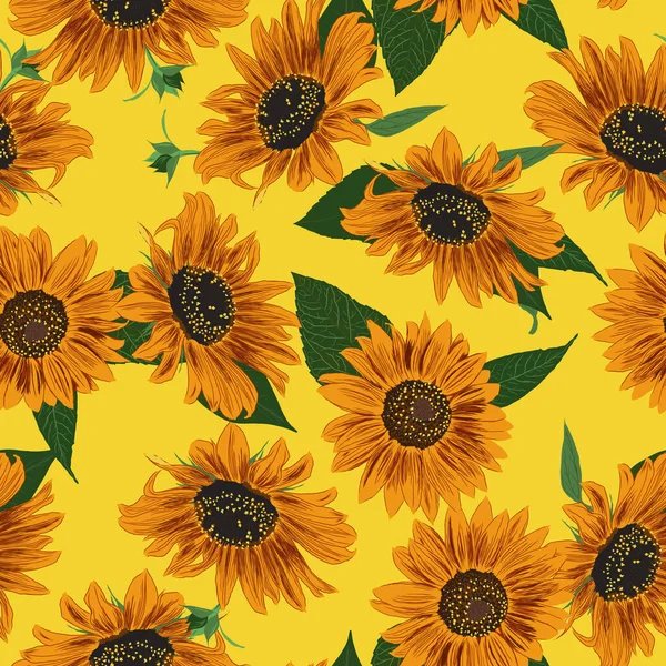 Slunečnicový Bezešvý Vzor Listy Květiny Tapety Jasné Barevné Umělecké Kreslení — Stockový vektor