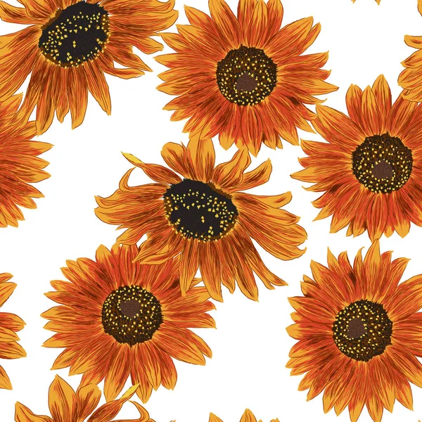 Sunflower Seamless Pattern. Leaves and Flowers Wallpaper. Bright Colorful artistic Drawing Floral Illustration. Hand Drawn Color Plants. Vector Illustration