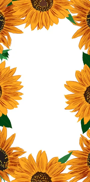 Frame Van Zonnebloemen Bladeren Heldere Kleurrijke Artistieke Grens Met Bloemen — Stockvector