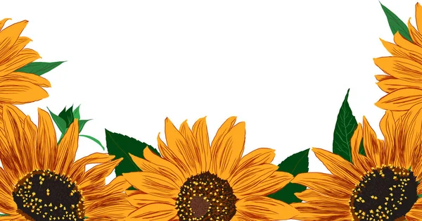 Bingkai Bunga Matahari Dan Daun Perbatasan Artistik Yang Terang Dengan - Stok Vektor