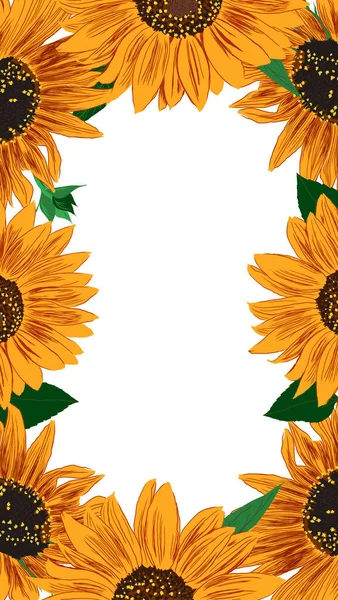 Bingkai Bunga Matahari Dan Daun Perbatasan Artistik Yang Terang Dengan - Stok Vektor
