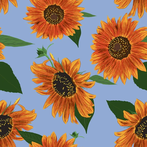 Sunflower Seamless Pattern. Leaves and Flowers Wallpaper. Bright Colorful artistic Drawing Floral Illustration. Hand Drawn Color Plants. Vector Illustration