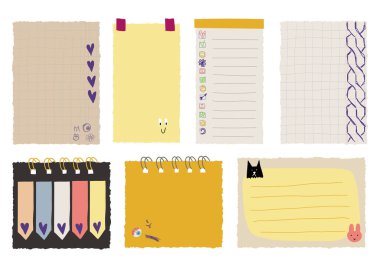 Yırtık Kağıt Kağıt Kağıt Kağıt Notları Koleksiyonu. El Yapıştırması Planlayıcı, Albüm, Günlük, Çizim Çizelgesi. Retro Style 'daki sevimli elementler. Çizim Kağıtları Elementleri. Vektör Çizgi Filmi İzole Edilmiş Çizim