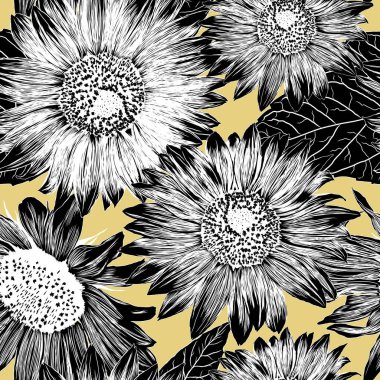 Ayçiçeği desensiz. Çiçek Duvar Kağıdı taslağı. Çiçek İllüzyonu Çizen Sanatsal Çizim. El Çekimi Güzellik Tesisleri. Vektör İllüstrasyonu. Çiçek Özgeçmişi. Tekstil, kumaş, tasarım için.