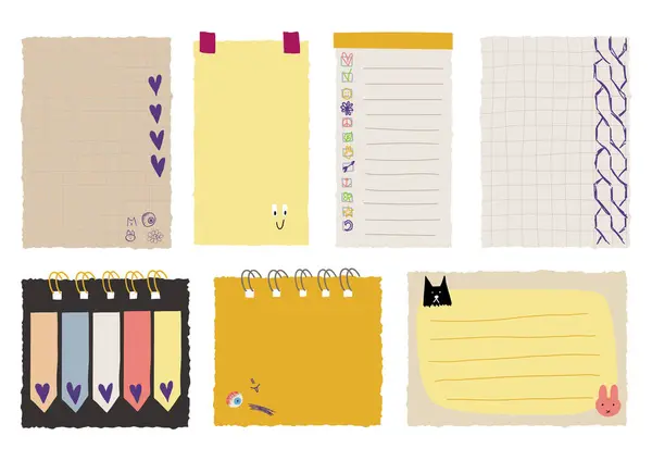 Feuilles Papier Déchirées Notes Collection Stickers Dessinés Main Pour Planificateur — Image vectorielle