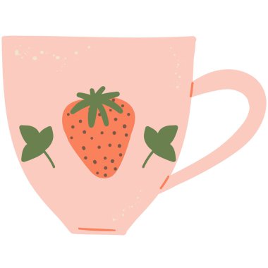 Cottagecore Estetik Çay Fincanı. El çizimi klasik mutfak aleti. Retro kahve ya da çay fincanı, kupa dekoratif seramik. Ev idaresi. Beyaz üzerine izole edilmiş şirin hygge vektör çizimi.