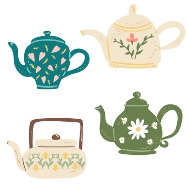 Çay fincanı ve çaydanlık koleksiyonu. El çizimi klasik mutfak aletleri seti. Retro kahve, çaydanlık ve fincan, çaydanlık seramiği. Ev eşyaları işte. Beyaz üzerine izole edilmiş şirin hygge vektör çizimi.