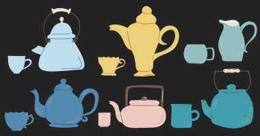 Çay fincanı ve çaydanlık koleksiyonu. El çizimi klasik mutfak aletleri seti. Retro kahve, çaydanlık ve fincan, çaydanlık seramiği. Ev eşyaları işte. Siyah üzerine izole edilmiş şirin hygge vektör çizimi