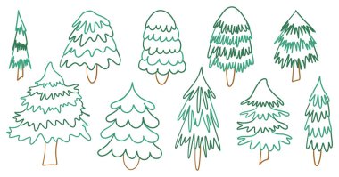 Noel ağacı taslağı koleksiyonu. Yeni yıl yeşil eskiz seti. Firtree ya da çam. Xmas ladin süslemesi elle çizilmiş grafik elementler. Çizgi film karalama vektör çizimi.
