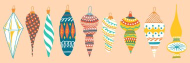 Noel Oyuncak Koleksiyonu. Xmas Ball Retro Set. Eski tarz yeni yıl oyuncakları. Retro sevimli mücevher. Çizgi filmdeki çocuk elementleri. Çocuksu vektör çizimi izole edildi