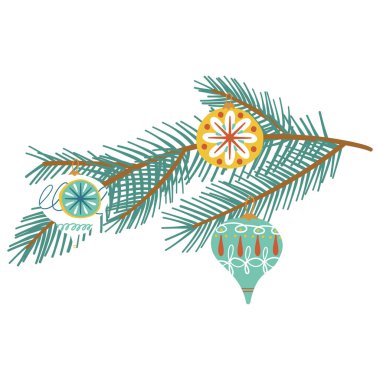 Noel ağacı üzerine Bauble koleksiyonu. Xmas el çizim topu, oyuncak klasik tarzda. Yeni yıl çizgi filmlerindeki sevimli çocuklar süs eşyasıyla elementleri renklendirirler. Çocuksu, düz, izole vektör çizimi