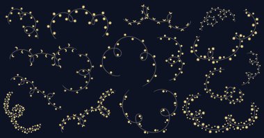 Noel Gecesi Yıldız Çiçeği Dekorasyonu. Lamba Işıkları İpi. Hafif Xmas ampulleri. Gece Gökyüzü Takımyıldızı. Çizgi film renkli el çizimi vektör çizimi koyu arkaplanda izole.