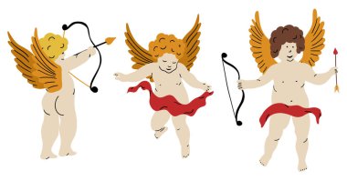 Ok ve yaylı aşk tanrısı. Sevgililer günü koleksiyonu. El çizimi şirin elementler antika tarzında. Amur Boy mu yoksa Tanrı Eros mu? Uçan melek sevgililer günü vektör illüstrasyonuna bayılırım.